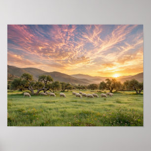 Friedliche Schafe beim Weiden bei Sonnenuntergang  Poster