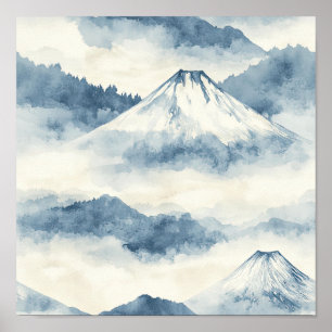 Friedliche schneebedeckte Berge - Blau und Weiß Poster
