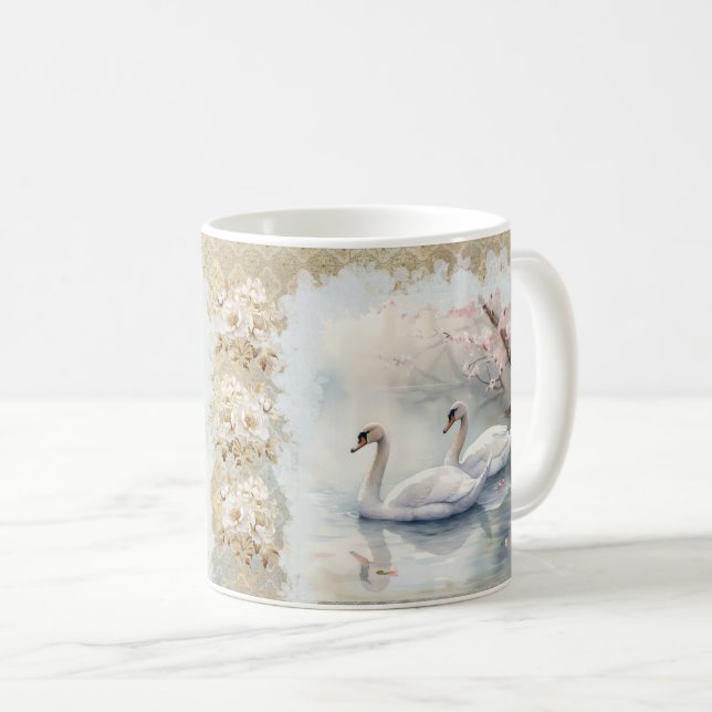 Friedliche Schwäne am See - Aquamariner Tan Kaffeetasse (VorderseiteRechts)