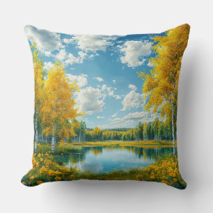 Friedliche Seenlandschaft mit gelbem Herbstbaum Kissen