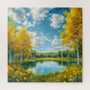 Friedliche Seenlandschaft mit gelbem Herbstbaum Puzzle