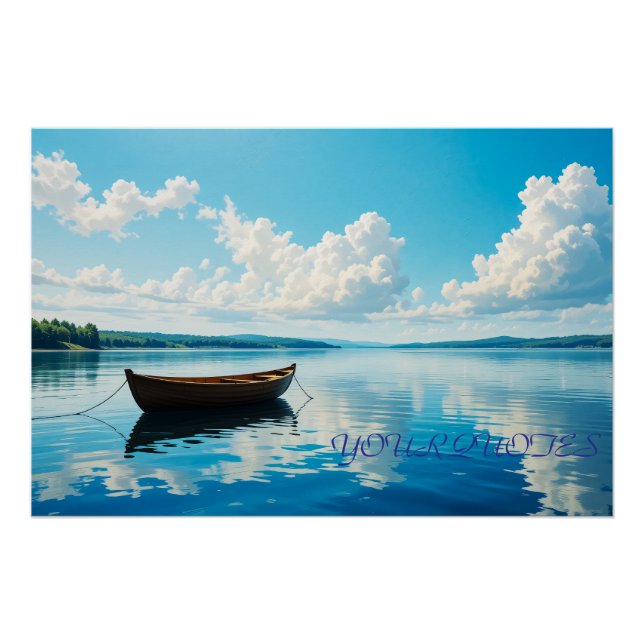 Friedliche Seenlandschaft mit Holzreihenboot Poster (Vorderseite)