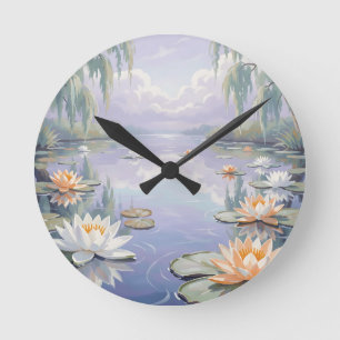 Friedliche Seerosen Teich Trauerweiden  Runde Wanduhr