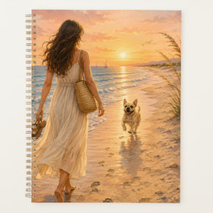 Friedliche Strandsonnenuntergang-Hund-Wasserfarben Planer