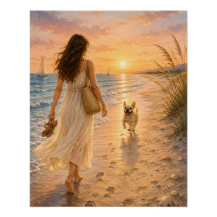 Friedliche Strandsonnenuntergang-Hund-Wasserfarben Poster