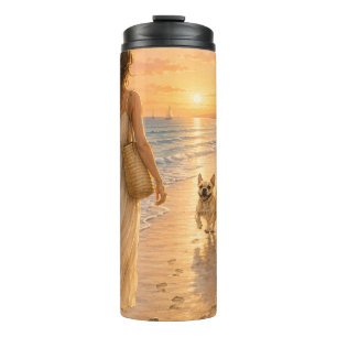 Friedliche Strandsonnenuntergang-Hund-Wasserfarben Thermosbecher