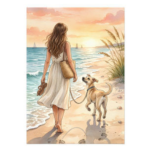 Friedliche Strandsonnenuntergangs-Hunde-Wasserfarb Fotodruck