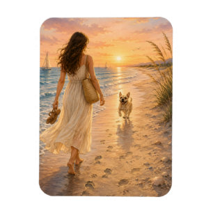 Friedliche Strandsonnenuntergangs-Hunde-Wasserfarb Magnet
