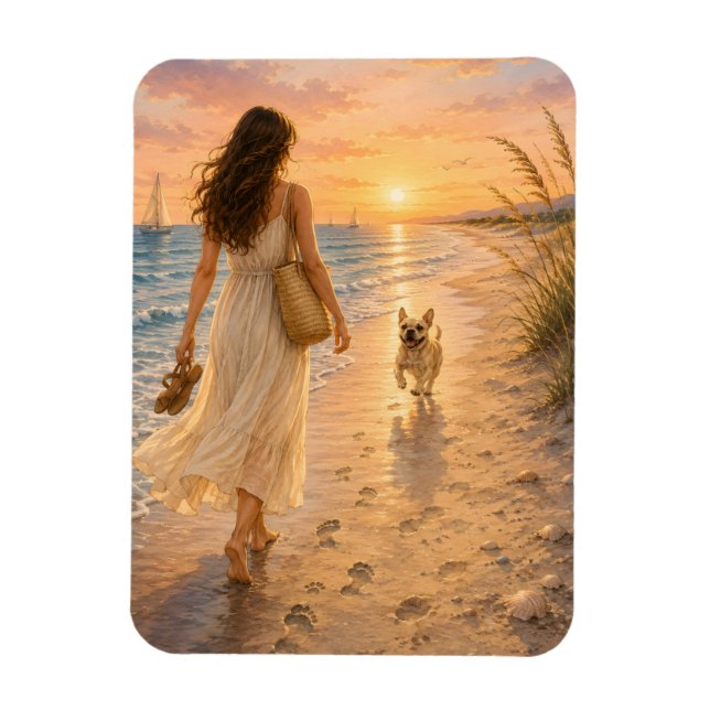 Friedliche Strandsonnenuntergangs-Hunde-Wasserfarb Magnet (Vertikal)