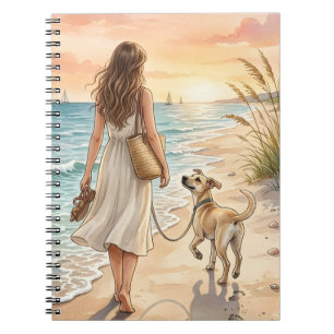 Friedliche Strandsonnenuntergangs-Hunde-Wasserfarb Notizblock