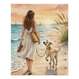 Friedliche Strandsonnenuntergangs-Hunde-Wasserfarb Poster