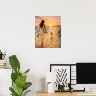 Friedliche Strandsonnenuntergangs-Hunde-Wasserfarb Poster