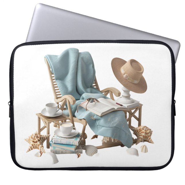 FRIEDLICHE STRANDSZENE MIT BÜCHERN STUHL DECKEN LAPTOPSCHUTZHÜLLE (Vorderseite)