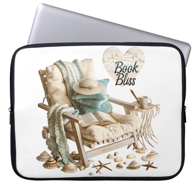 FRIEDLICHE STRANDSZENE MIT BÜCHERN STUHL DECKEN LAPTOPSCHUTZHÜLLE (Vorderseite)
