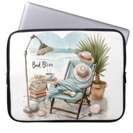 FRIEDLICHE STRANDSZENE MIT BÜCHERN STUHL DECKEN LAPTOPSCHUTZHÜLLE