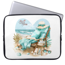 FRIEDLICHE STRANDSZENE MIT BÜCHERN STUHL DECKEN LAPTOPSCHUTZHÜLLE
