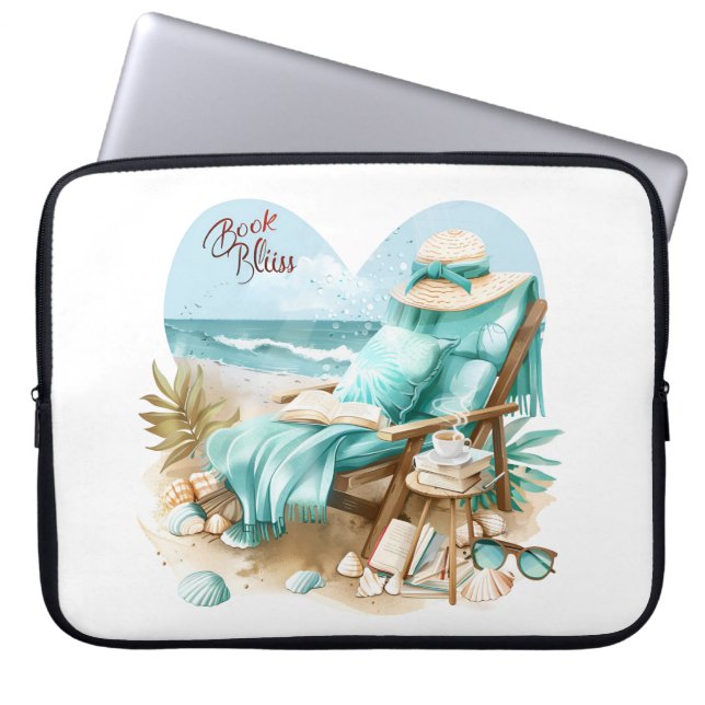 FRIEDLICHE STRANDSZENE MIT BÜCHERN STUHL DECKEN LAPTOPSCHUTZHÜLLE (Vorderseite)