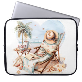 FRIEDLICHE STRANDSZENE MIT BÜCHERN STUHL DECKEN LAPTOPSCHUTZHÜLLE