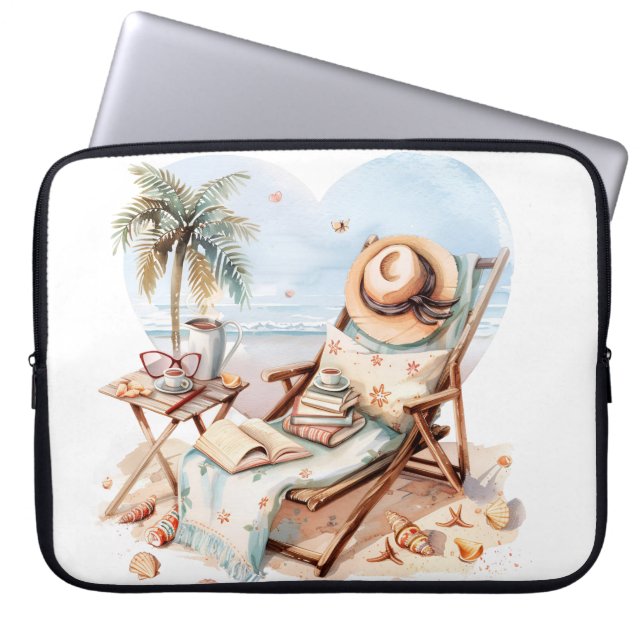 FRIEDLICHE STRANDSZENE MIT BÜCHERN STUHL DECKEN LAPTOPSCHUTZHÜLLE (Vorderseite)