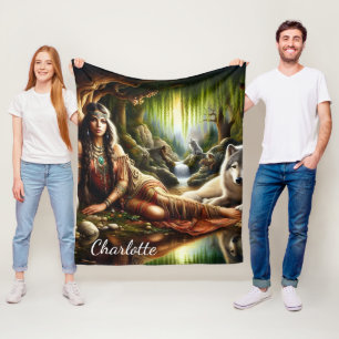 Friedliche Szene: Indianer und Wolf Fleecedecke