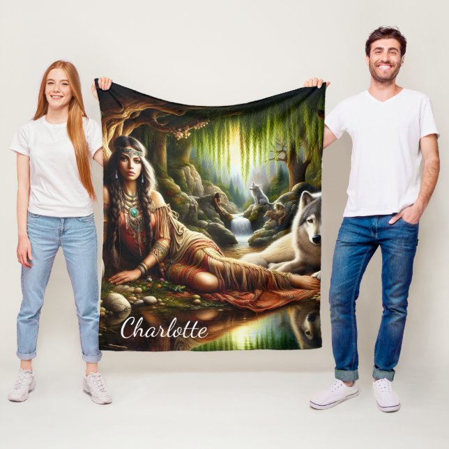 Friedliche Szene: Indianer und Wolf Fleecedecke (Beispiel)