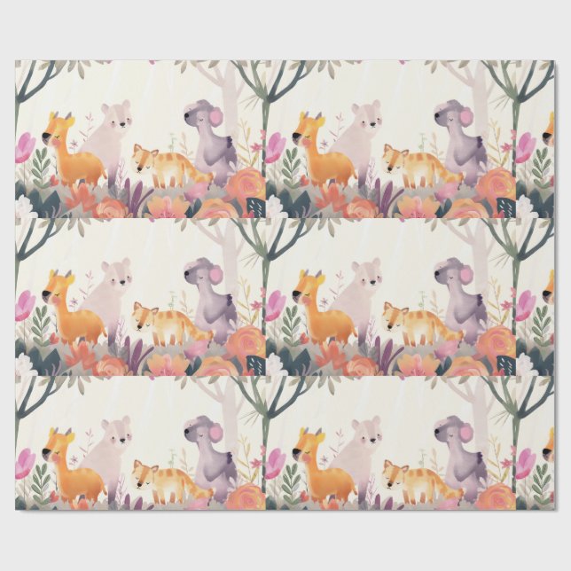 Friedliche Tiere zwischen Blume und Bäumen Geschenkpapier (Flach)