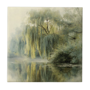 Friedliche Weidenbaum-Reflektion Naturkunst (10) Fliese