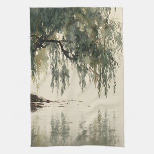 Friedliche Weidenbaum-Reflexion Naturkunst (11) Geschirrtuch