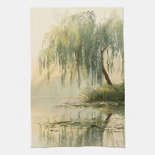 Friedliche Weidenbaum-Reflexion Naturkunst (1) Geschirrtuch