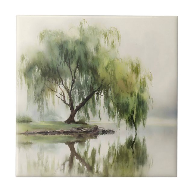 Friedliche Weidenbaum-Reflexions-Naturkunst (12) Fliese (Vorderseite)