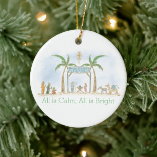 Friedliche Weihnachtsgeschichte mit Handzeichnung  Keramik Ornament