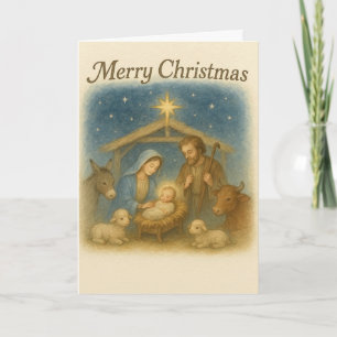 Friedliche Weihnachtskrippe Heilige Familie  Feiertagskarte