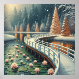 Friedliche Weihnachtsszene einer Brücke über einen Poster