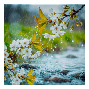 Friedliche weiße Kirschblüten im Frühlingsregen & Poster