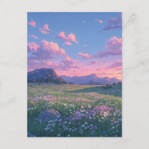 Friedliche Wildblumenwiese und violetter Berg Postkarte