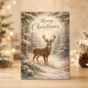 Friedliche Winterhirsch-Weihnachtswaldszene Feiertagskarte