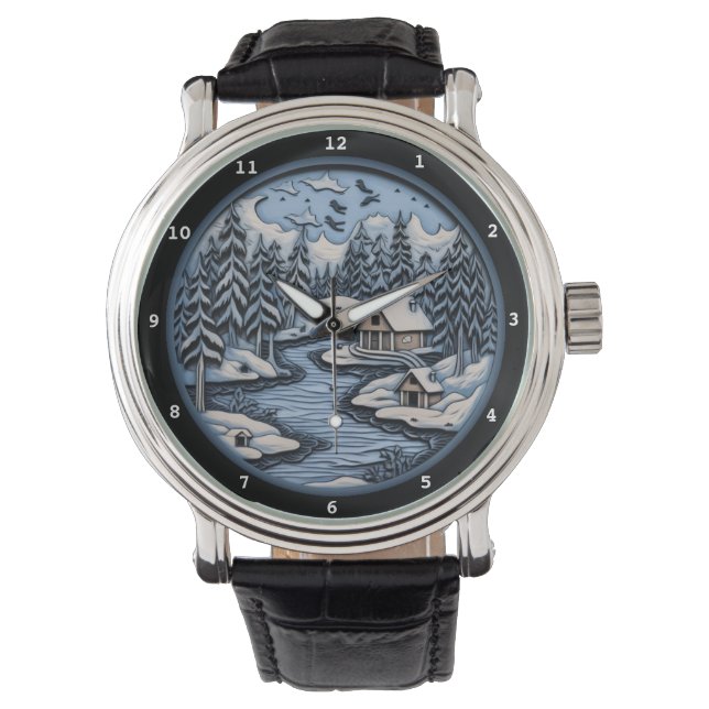 Friedliche Winterhütte am frostigen Fluss Armbanduhr (Vorderseite)