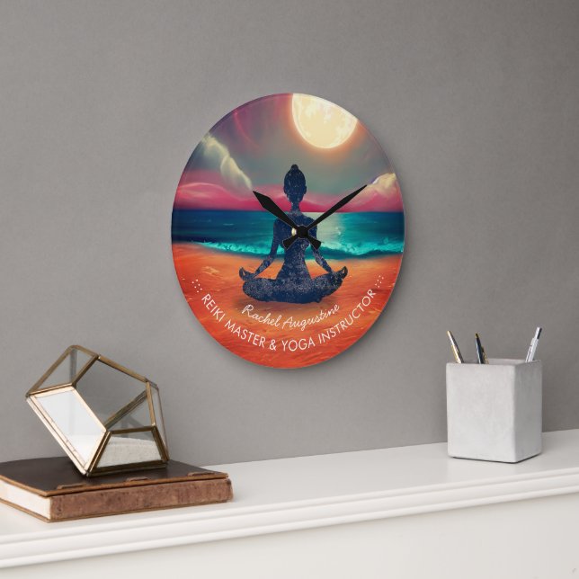 Friedliche Yoga Meditation Mondlicht Sky Ocean Bea Große Wanduhr (Büro)