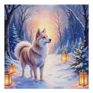 Friedlicher Akita auf Schneelaternenweg Weihnachts Poster