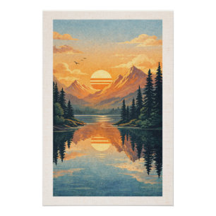 Friedlicher alpiner See Sonnenuntergang Retro-Reis Poster