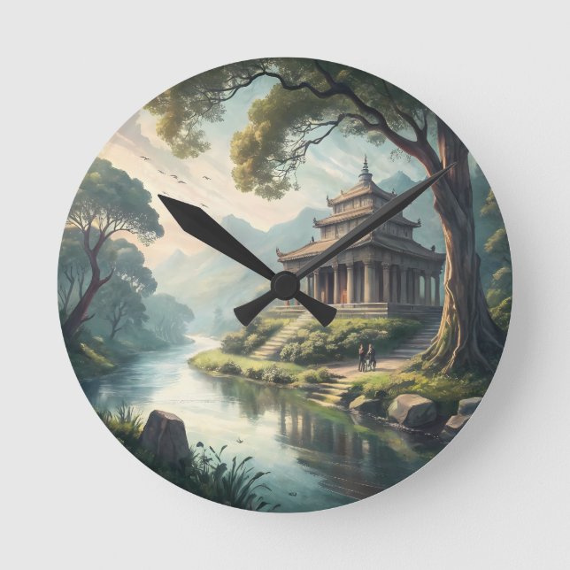 Friedlicher alter Tempel am Fluss – Wasserfarbe Fa Runde Wanduhr (Vorderseite)