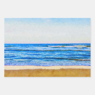 Friedlicher Aquarellstil Blue Ocean & Sandstrand Geschenkpapier Set