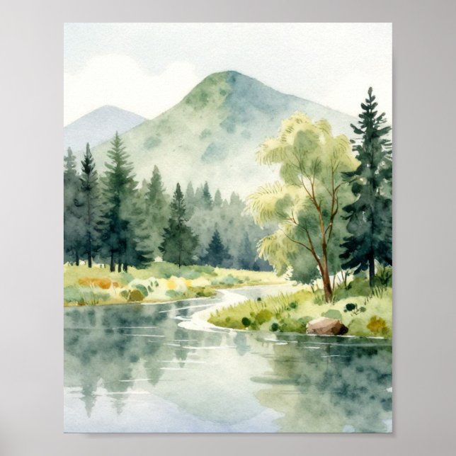 Friedlicher Bergreflexion: Eine sanfte Aquarelllan Poster (Vorne)