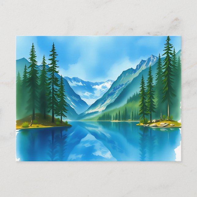 Friedlicher Bergsee mit großen Bäumen Postkarte (Vorderseite)