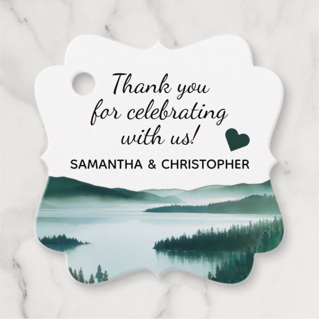 Friedlicher Bergsee Rustikale Hochzeit Danke Geschenkanhänger (Vorderseite)