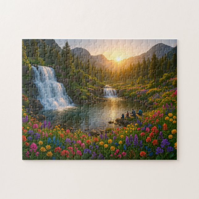 Friedlicher Bergwasserfall-Puzzle mit Sonnenaufgan Puzzle (Horizontal)