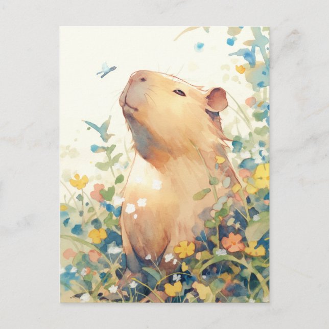 Friedlicher Capybara mit kleinem blauen Vogel Postkarte (Vorderseite)