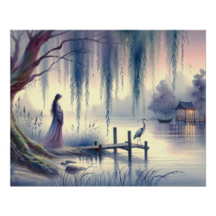Friedlicher Fantasy-See mit Weide und Reiher Poster