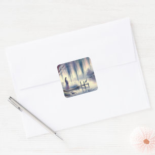 Friedlicher Fantasy-See mit Weide und Reiher Quadratischer Aufkleber