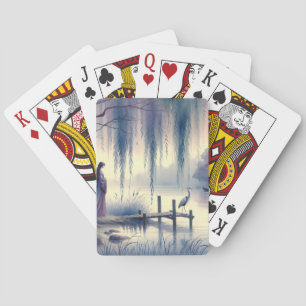 Friedlicher Fantasy-See mit Weide und Reiher Spielkarten